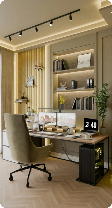 Built-in desks and storage for focused work, tidy cable management and a refined look.